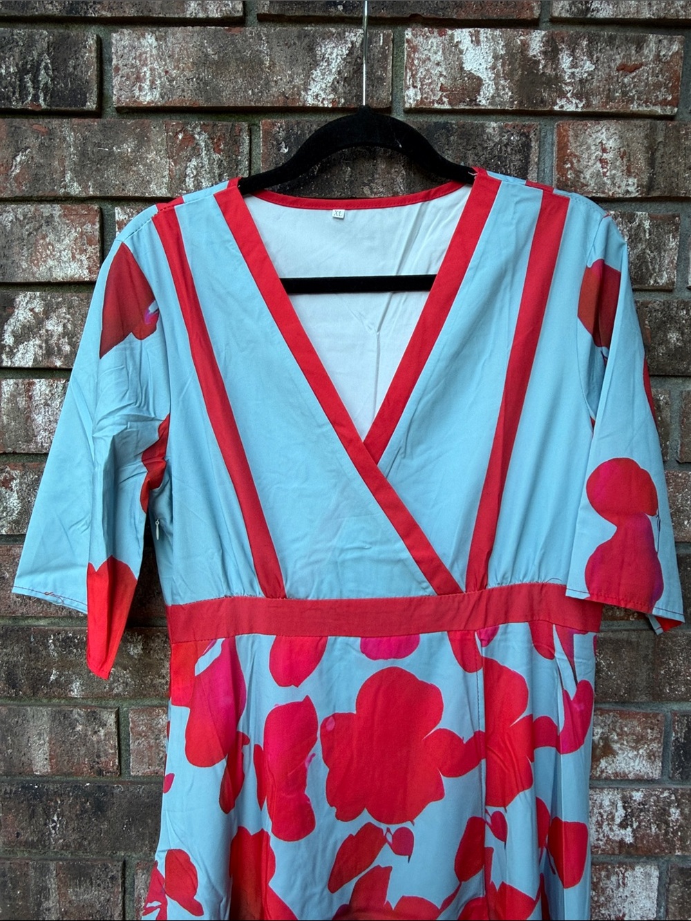 Blue Dress with Bold Red Floral Print - Picture 3 of 7